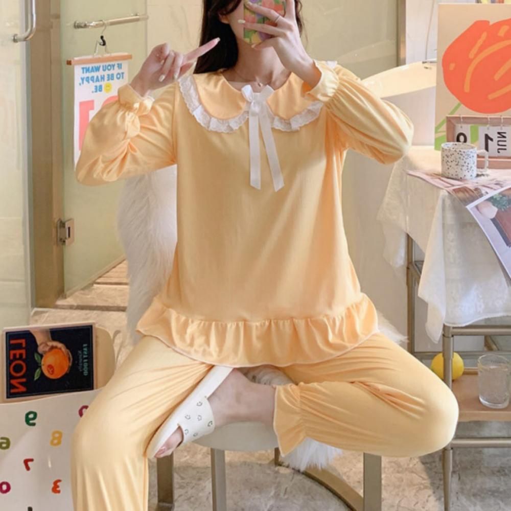 홈웨어 잠옷 데일리 수면 레이스 세트 긴팔 여성 카라