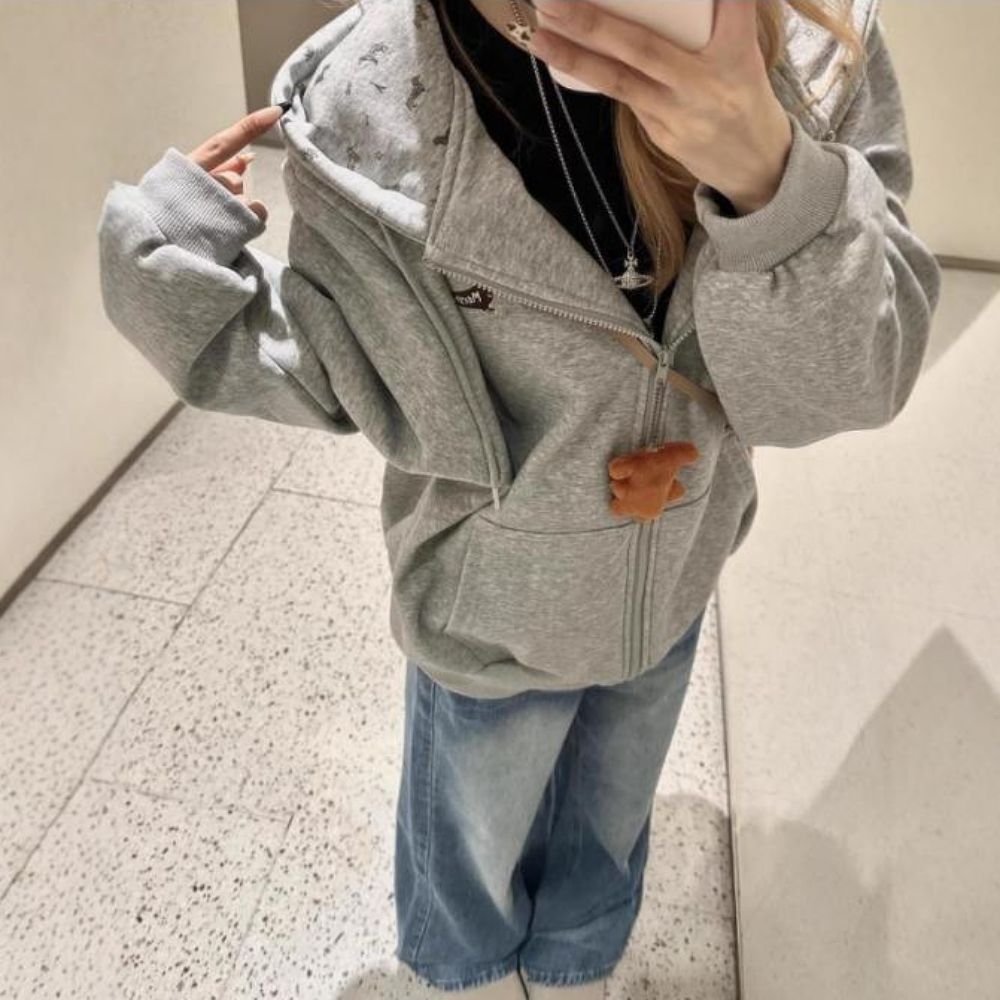 큐티 강아지 루즈핏 얇은 회색 후드집업 집업점퍼
