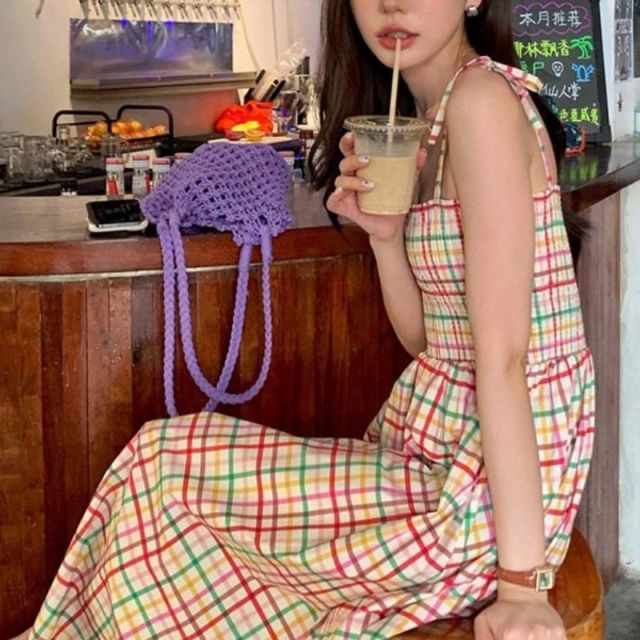 체크원피스 끈나시 여름철 기본 스모크밴딩 데이 플레