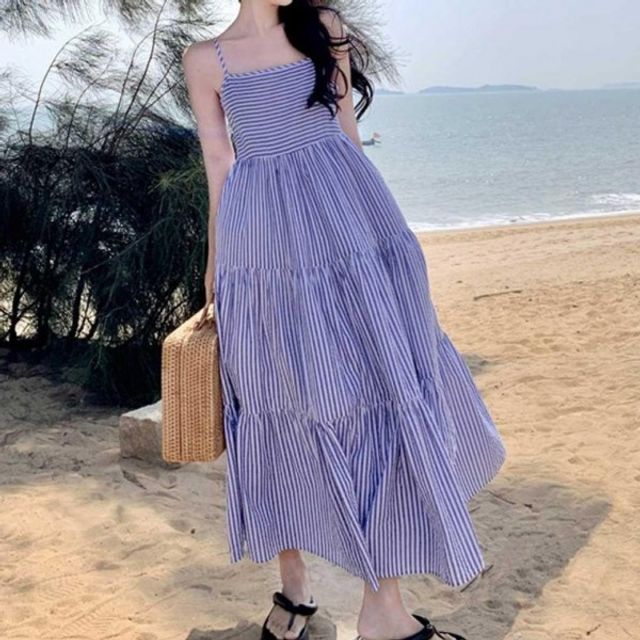 블루 패턴 스트라이프 기본 끈나시 데이 스퀘어넥 롱