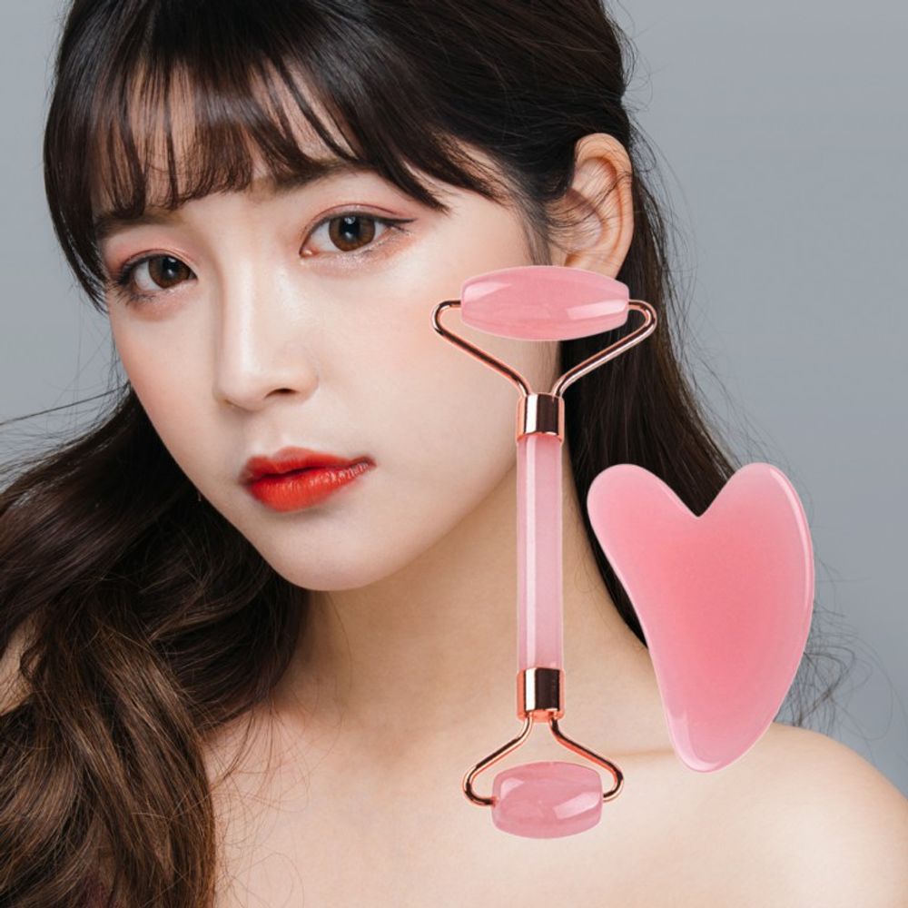 셀프 마사지 핑크 하트 괄사 세트 페이스 롤러