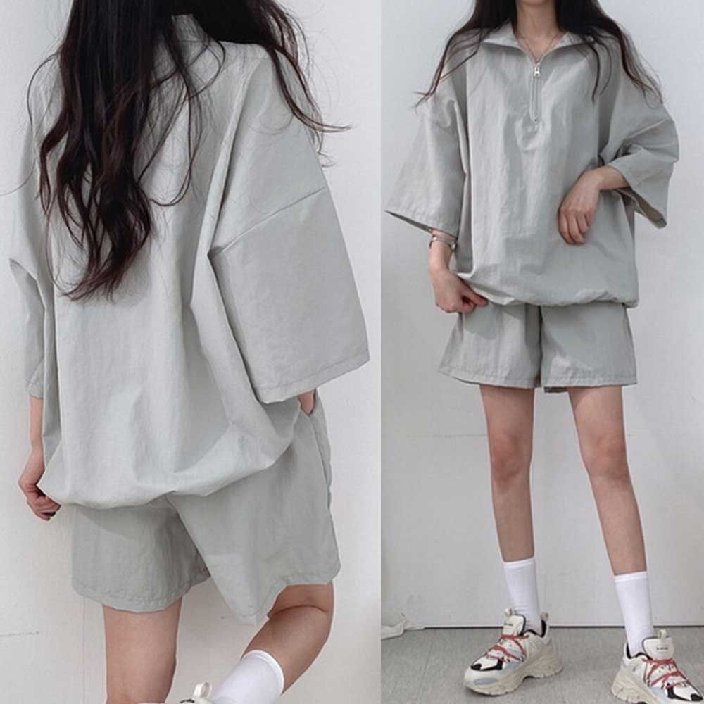 여자 헬스 짐웨어 반집업 아노락 트레이닝 반팔 세트