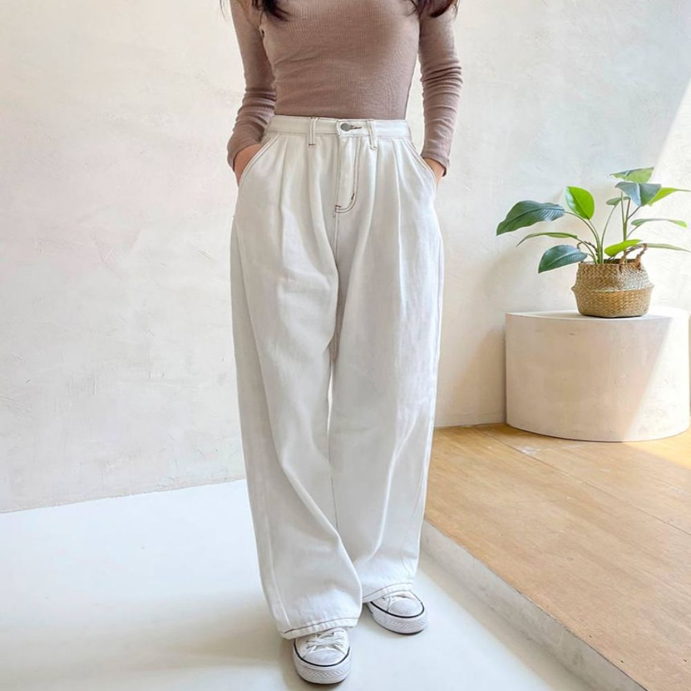 코디 팬츠 롱 바지 세미와이드 퓨어 일상 여자 코튼
