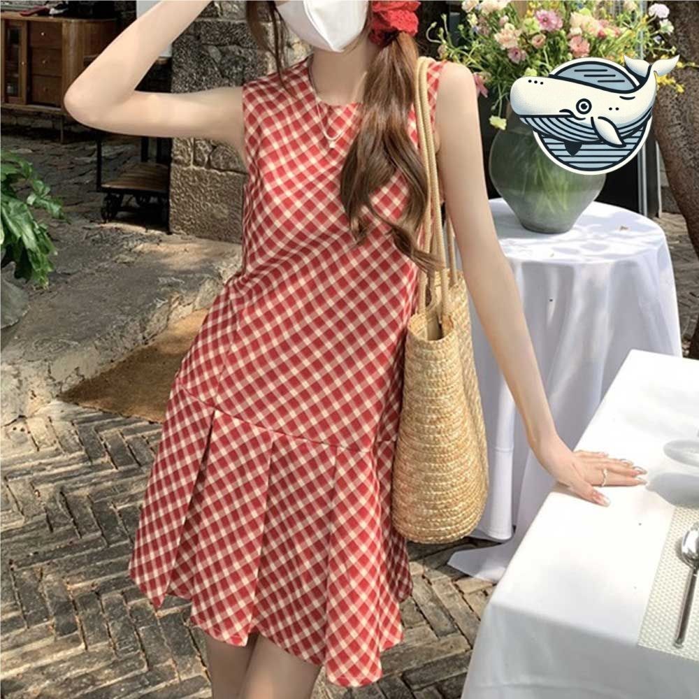 여름 패턴 민소매 플리츠 원피스 경량 노출