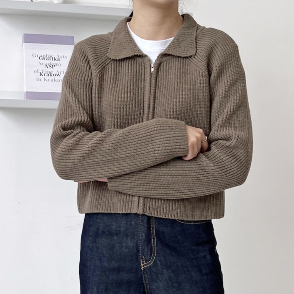 여성 간절기 하찌 탄탄짜임 카라 집업 니트 가디건