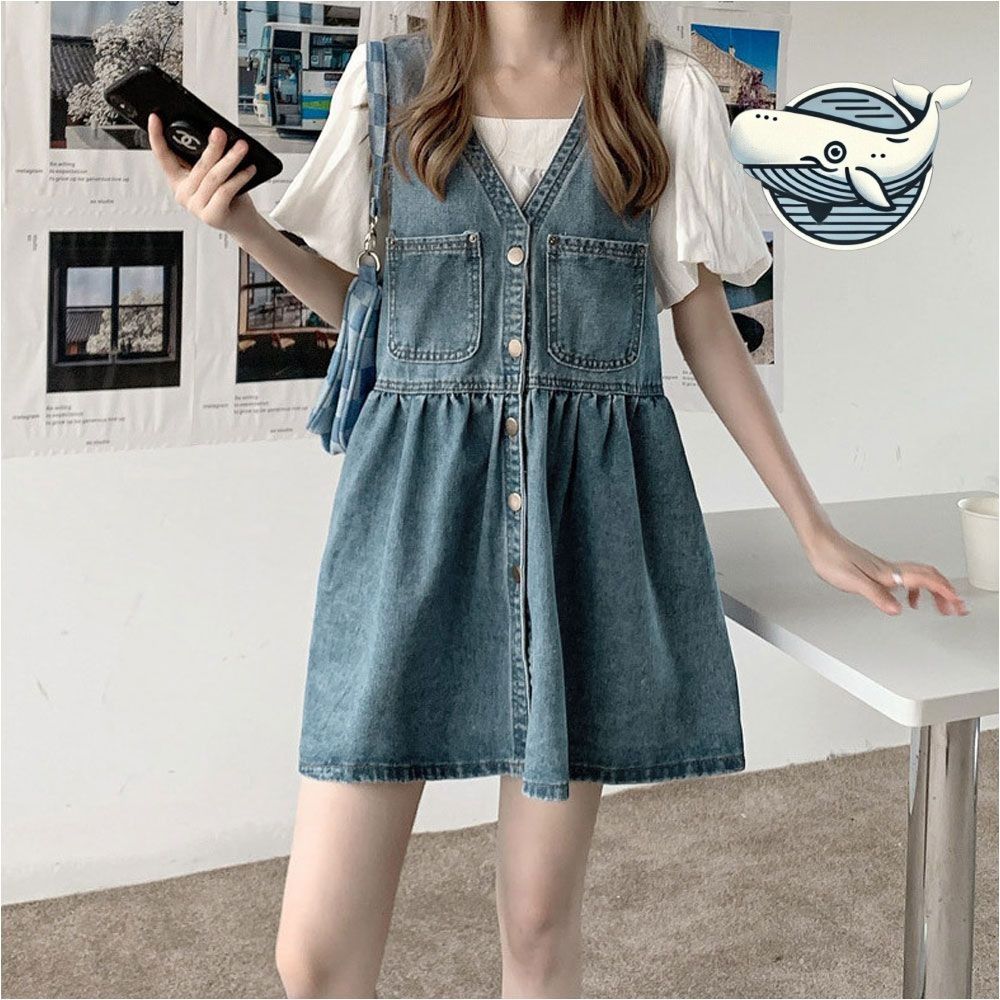캐주얼 브이넥 데님 민소매 원피스 여름 통통한