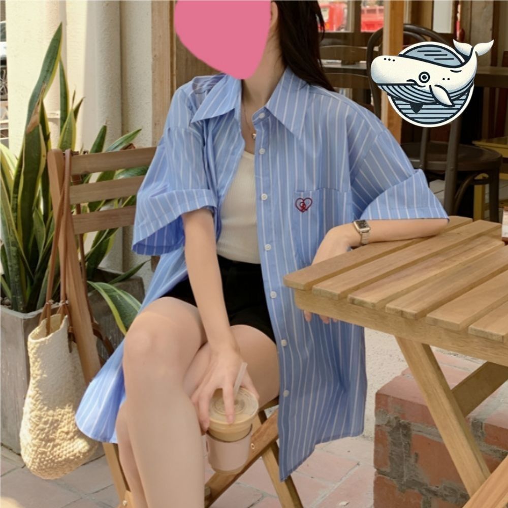 여성용 반팔 스트라이프 티셔츠 하트 자수