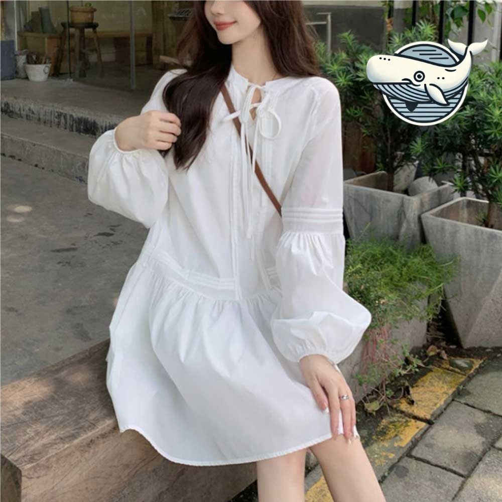 풍성한 핀턱 원피스 화이트 루즈핏 벌룬 소매