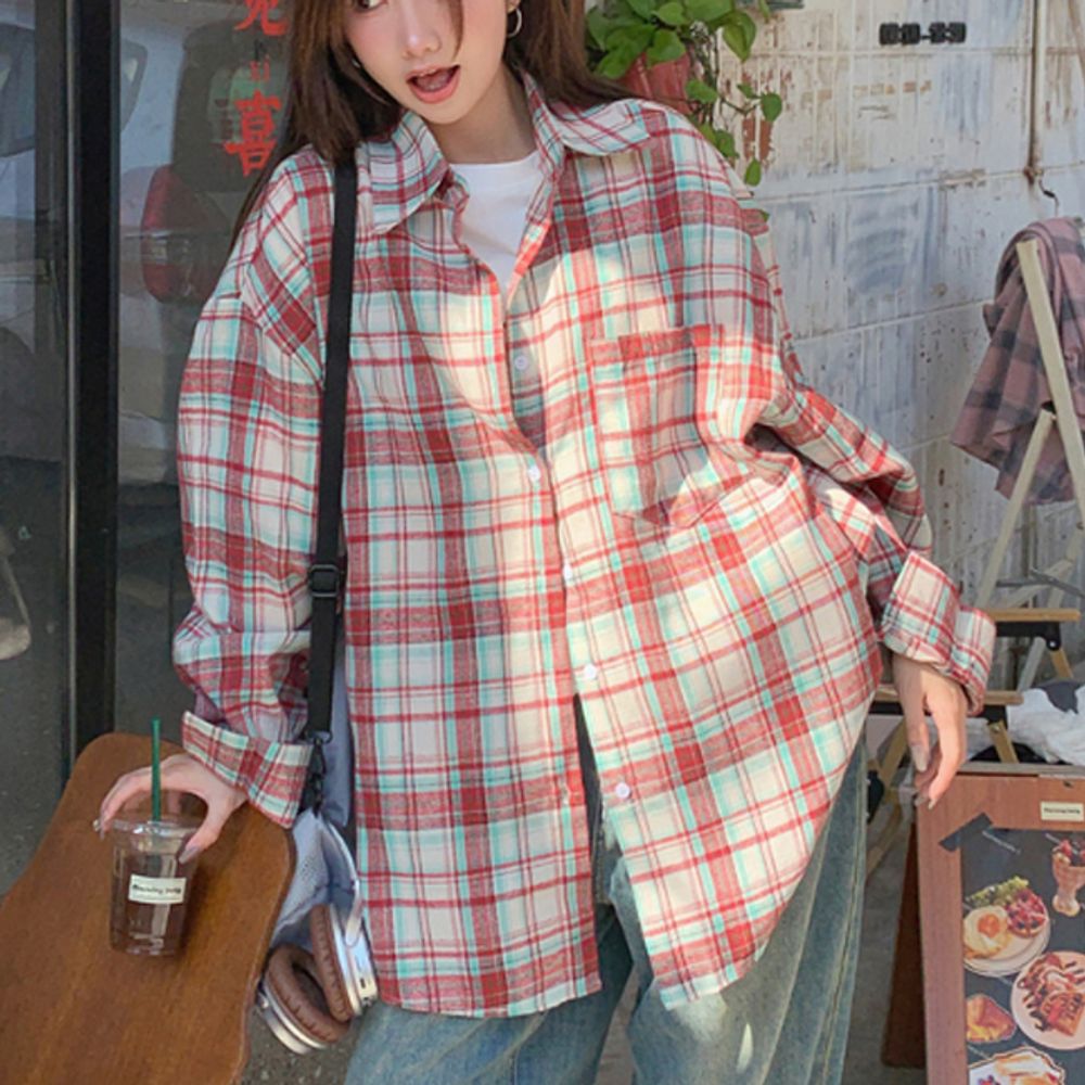 여성 박스핏 체크 셔츠 1P 데일리 간절기 단추 남방