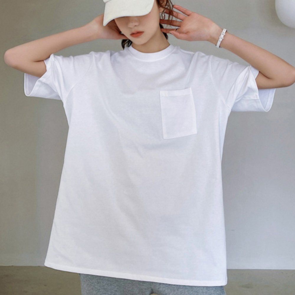 오버핏 코튼 여성 빅포켓 베이직 반팔 티셔츠