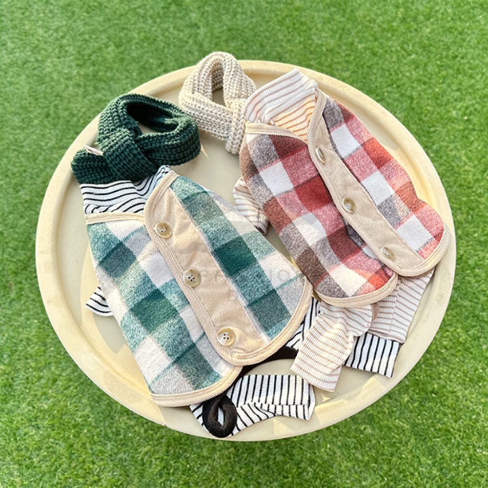 강아지 러브잇 체크 단추 조끼 2XL 1P 애견 겨울 안감