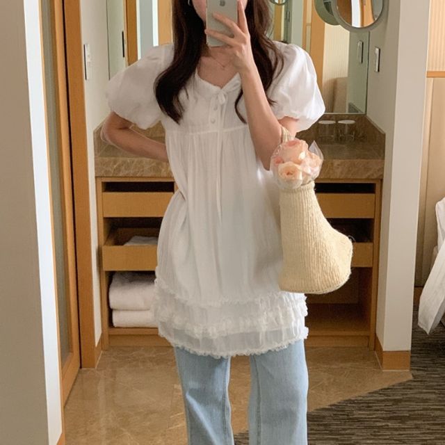 여성 은은한 비침 레이스 프릴 퍼프 반팔 미니 원피스