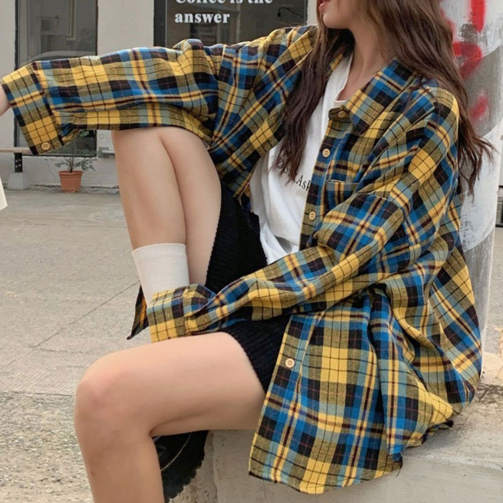 옐로우블루 체크 오버핏 롱셔츠 트레디 캐주얼남방