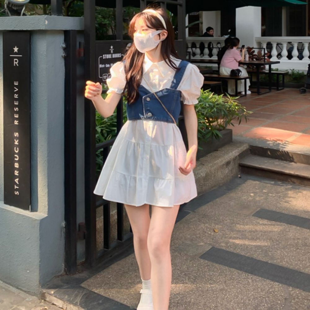 여성 러블리 데님 뷔스티에 퍼프반팔 원피스세트 셋업
