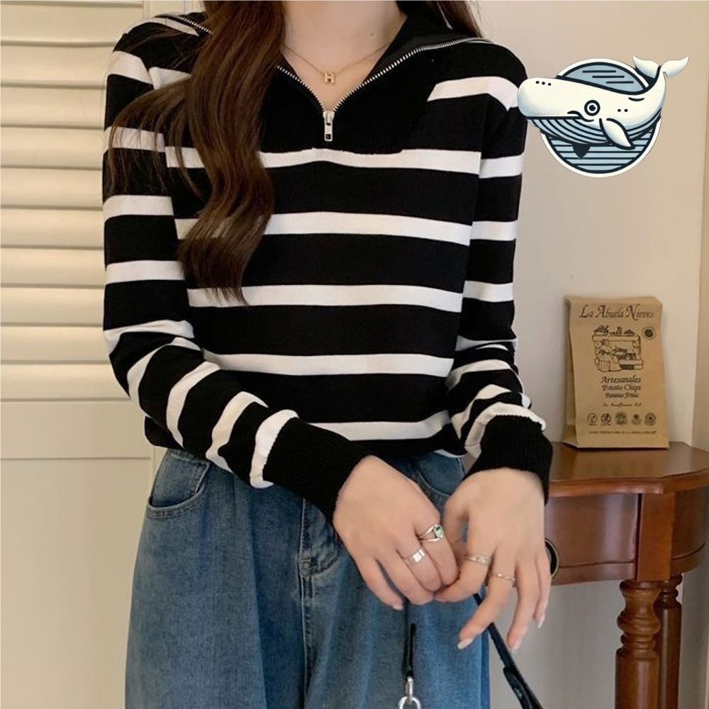 세련된 블랙스트라이프 하이넥 반집업 긴팔티