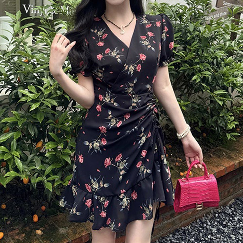 플라워패턴 랩스타일 셔링 프릴 미니원피스 로맨틱룩