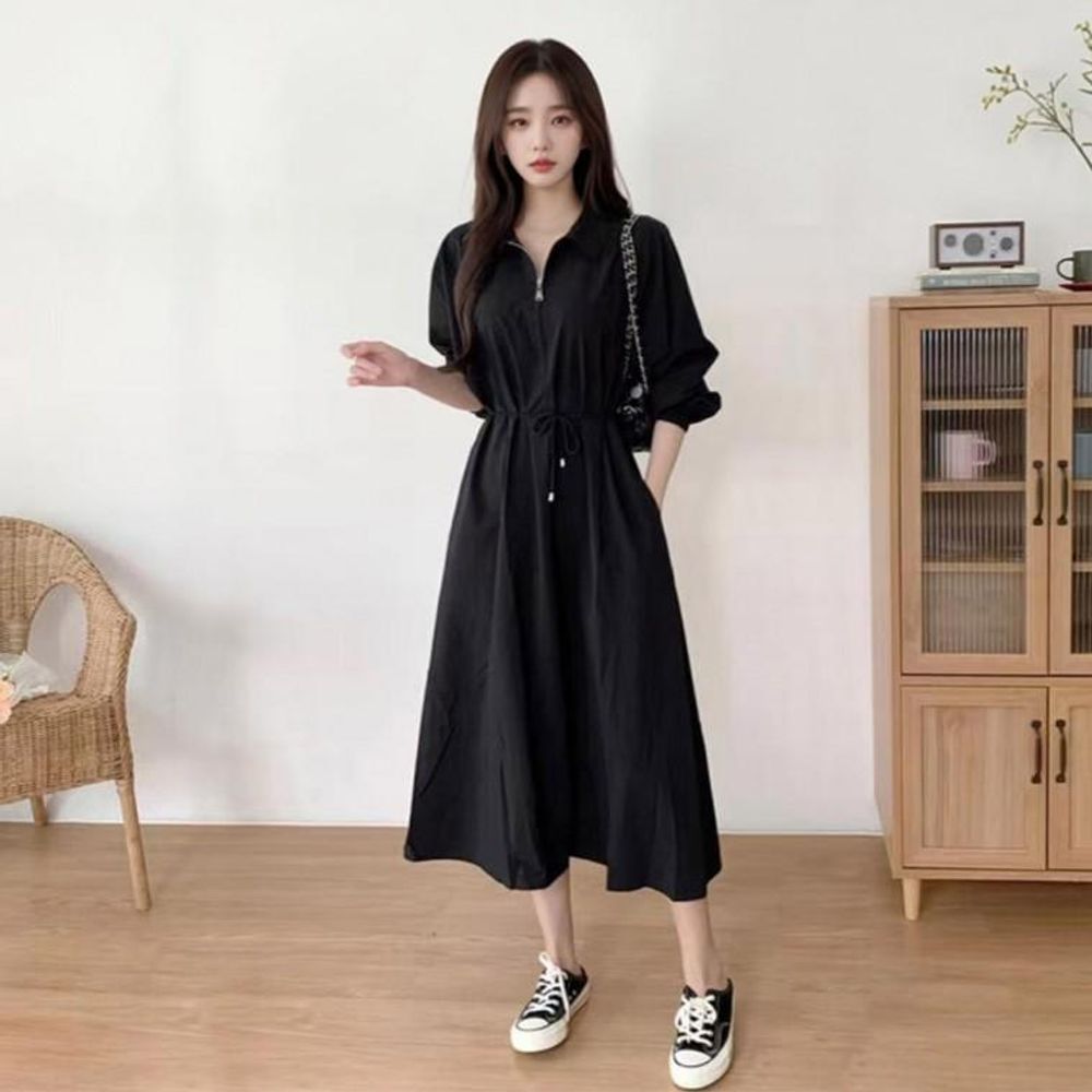 여성 여름 간절기 데일리 고급 지퍼 카라 롱 원피스