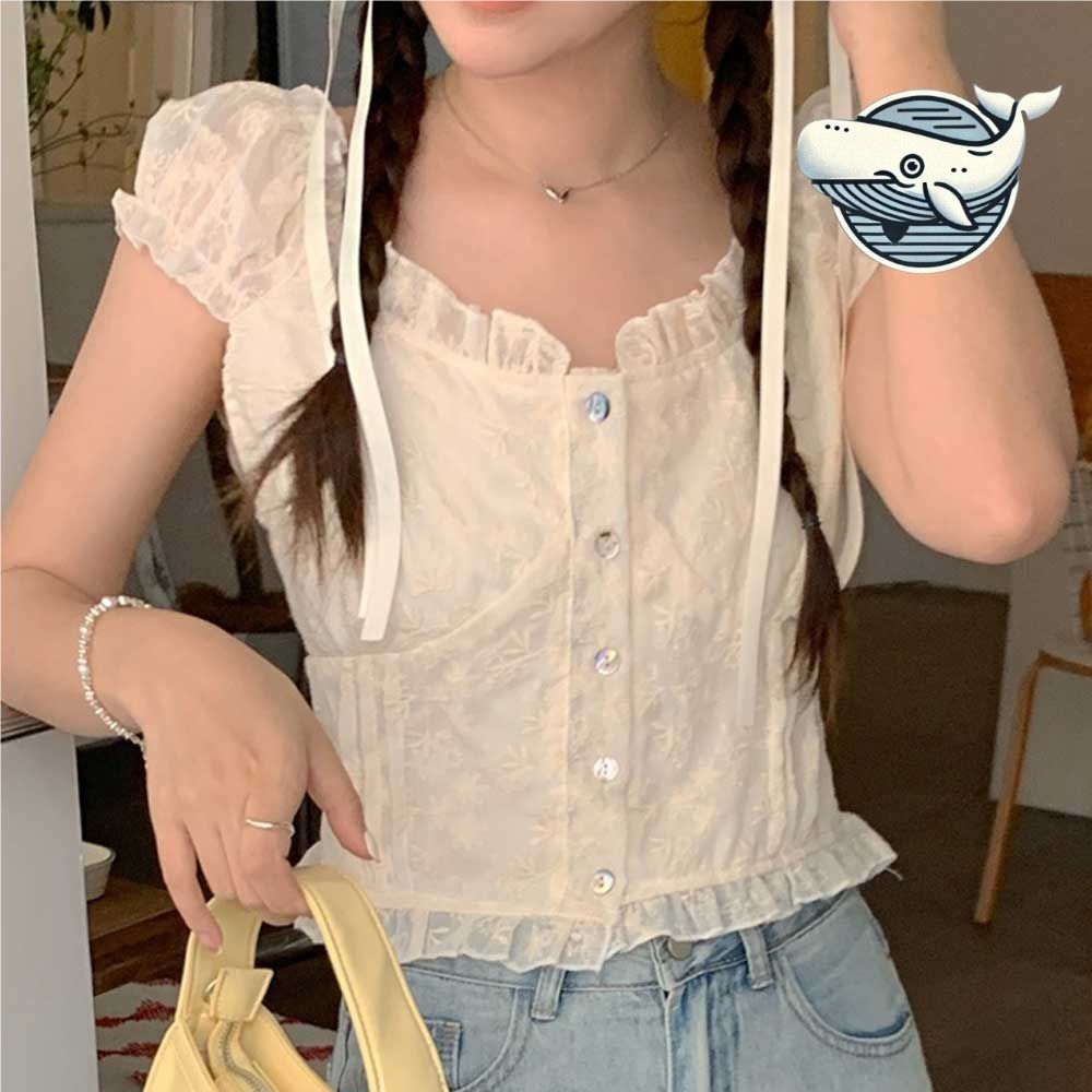 여성 블라우스 레이스 플라워 패턴 발레코어 룩
