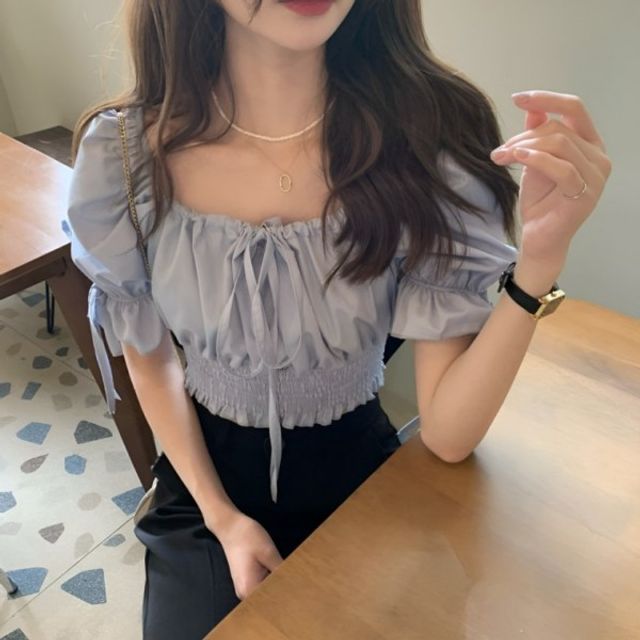 크롭 오프숄더 룩 기본 스퀘어넥 데이 블라우스 데이