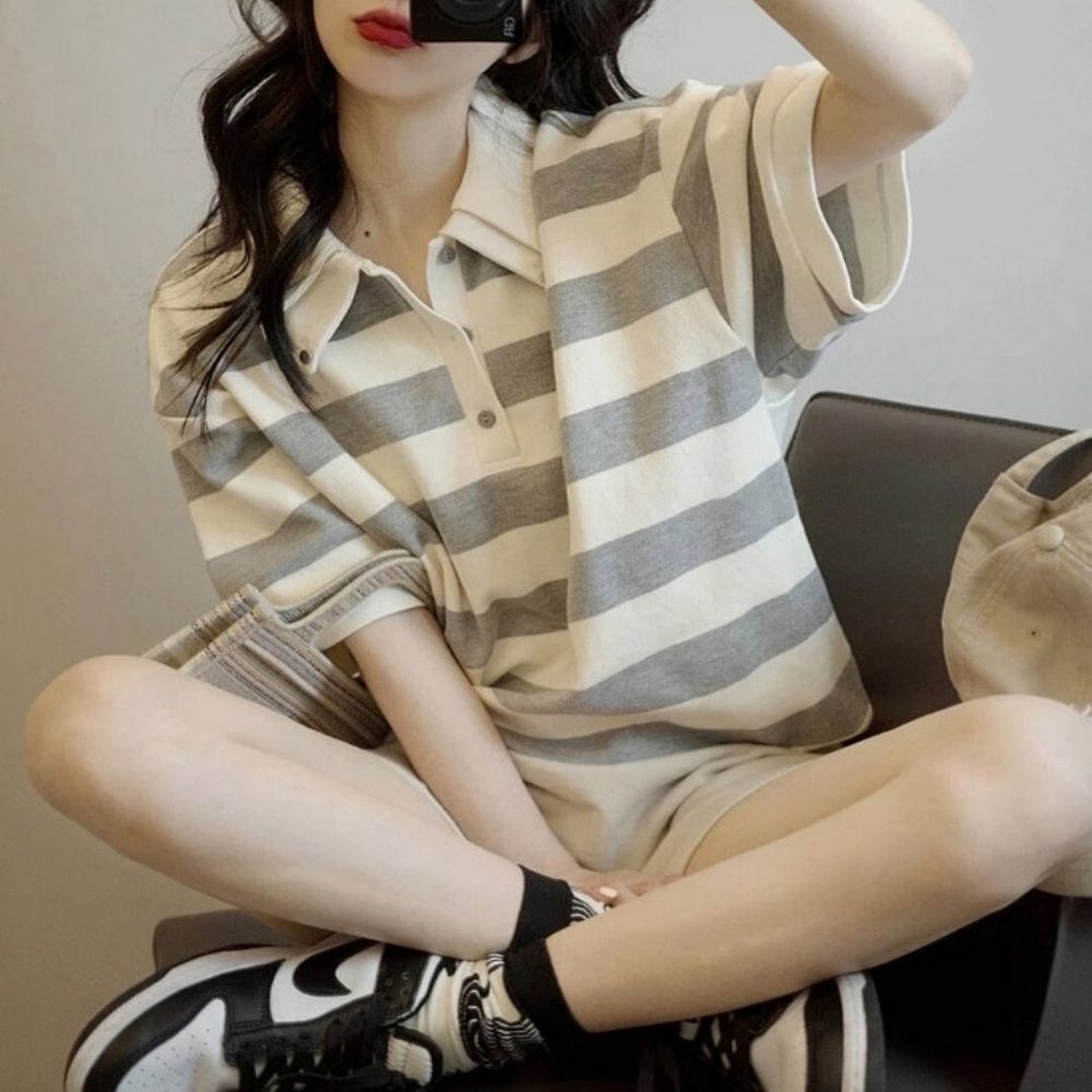여자 러블리 더블카라 굵은 스트라이프 반팔티셔츠