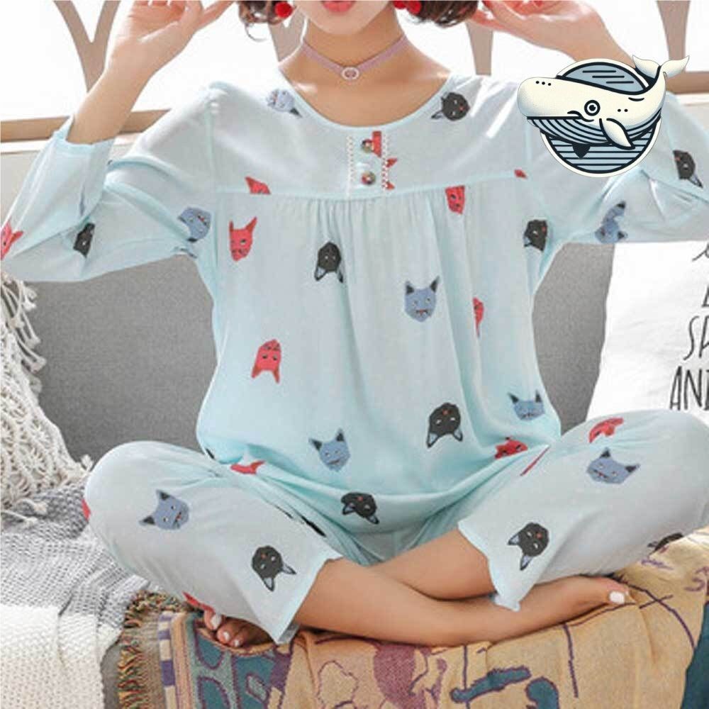 귀여운 고양이 프린트 파자마 데일리 라운드