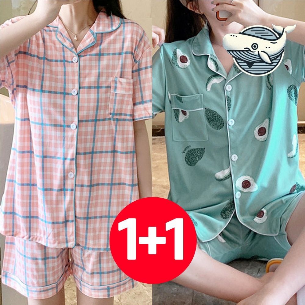 여성 여름 시원한 체크 패턴 파자마 아보카도