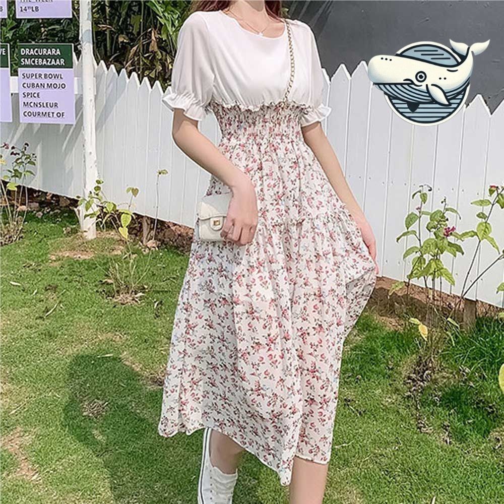 여름 패션 플라워 쉬폰 원피스 스모크 밴딩