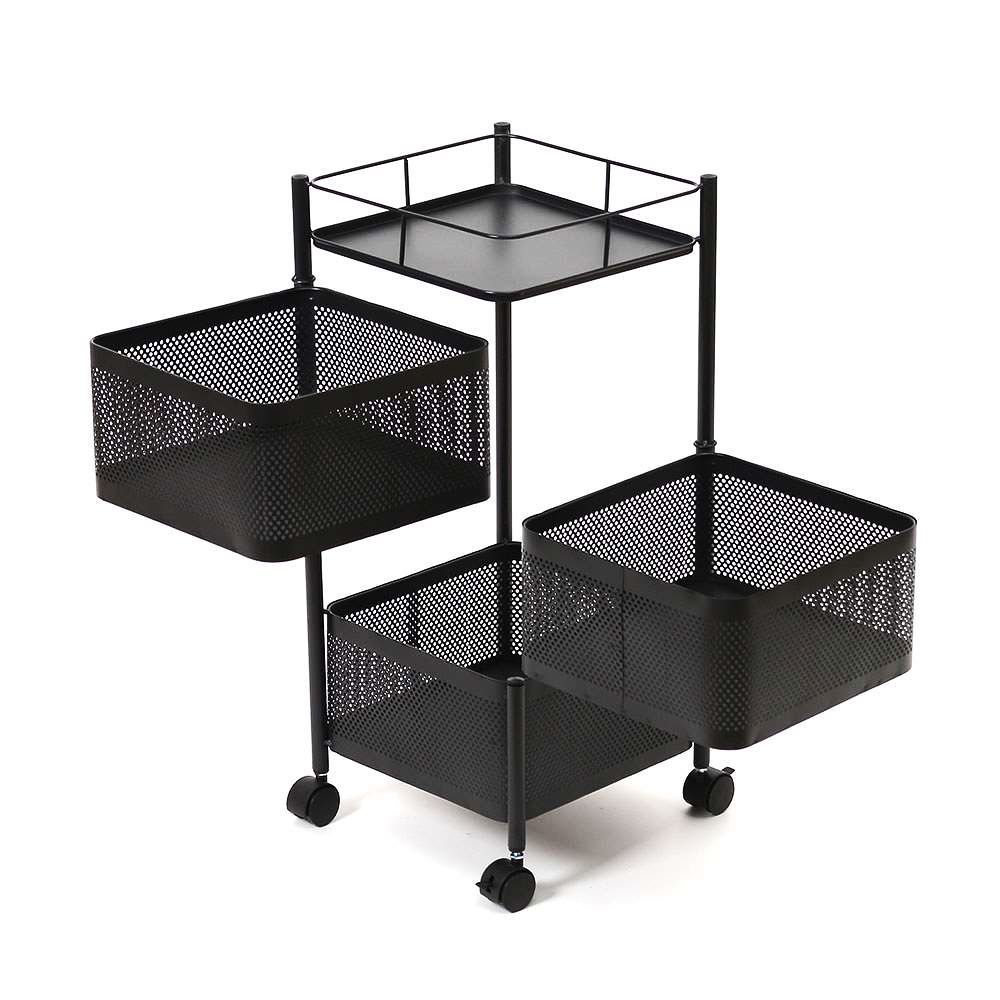 회전식 트롤리 3단 블랙 철제 다용도실 철망 수납랙