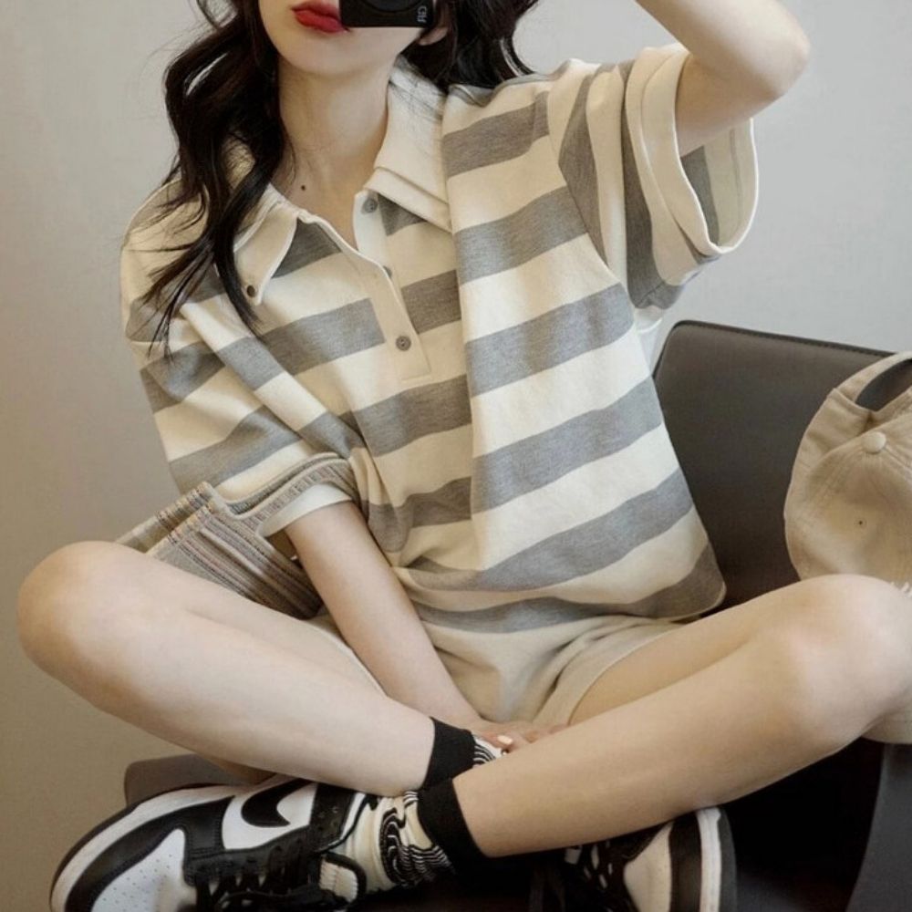 스트라이프 더블 반팔 데일리 여자 카라 큐티