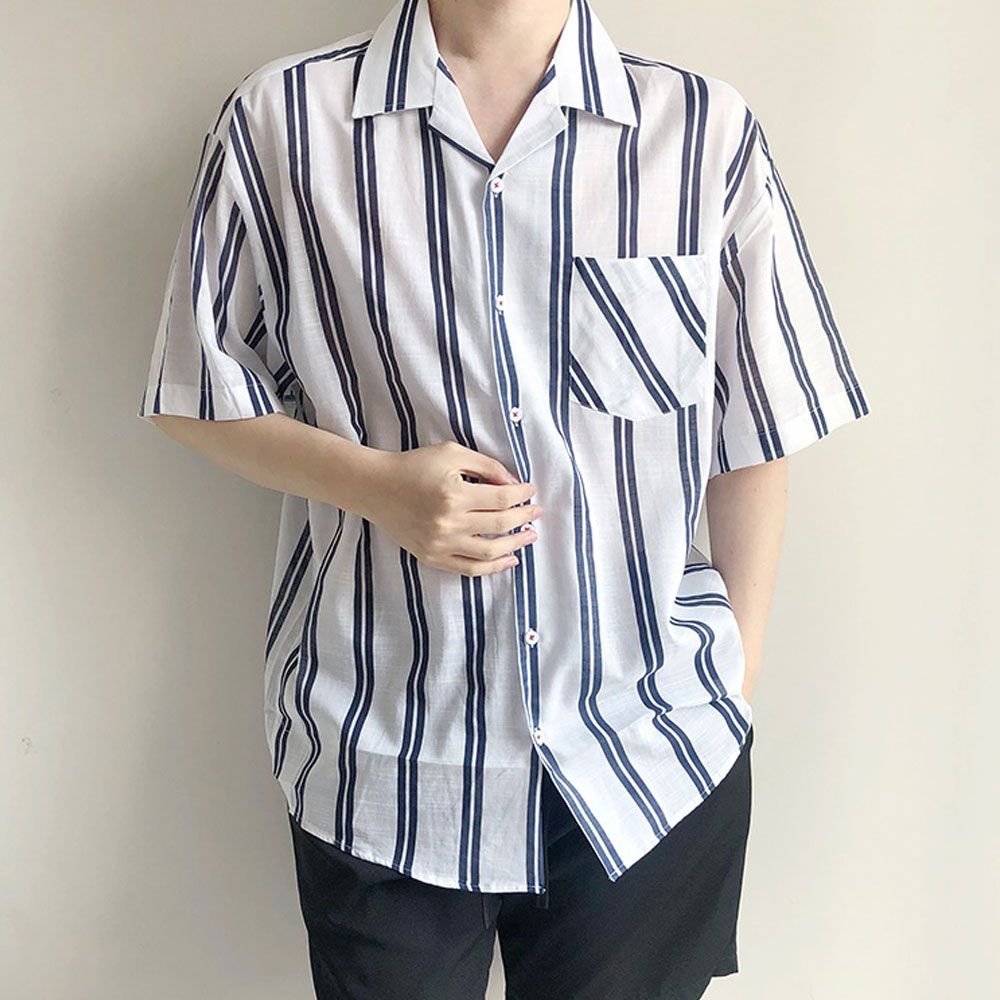 남성 린넨 스트라이프 오픈카라 반팔셔츠 루즈핏 남방