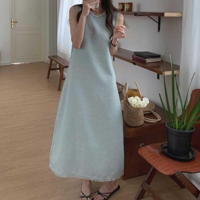 민소매 A라인핏 롱원피스 기본 프린지 데이 포인트 데