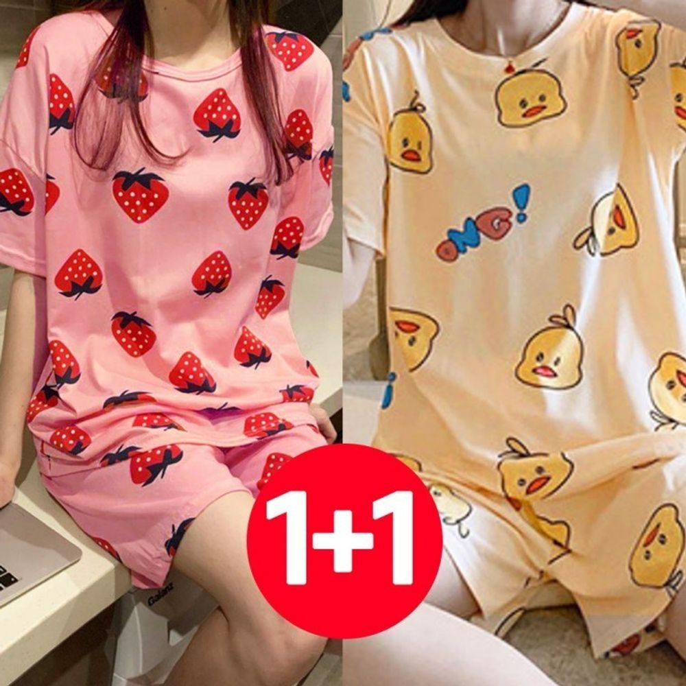 여성 반팔 반바지 여름 잠옷 세트 2개 베리 오리 여자