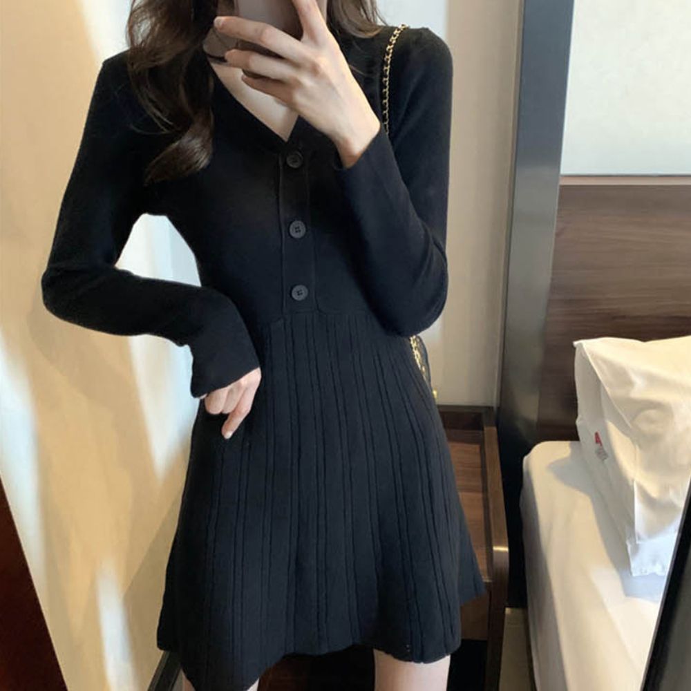 여성 V넥 여신 A라인 네추럴 버튼 주름 미니 원피스