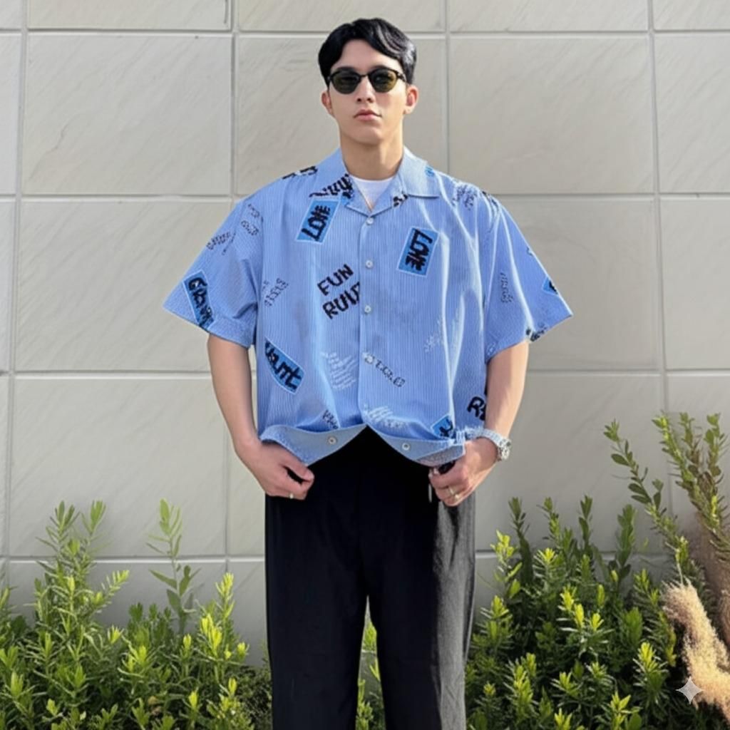 대형 프린트 오픈카라 반소매 셔츠