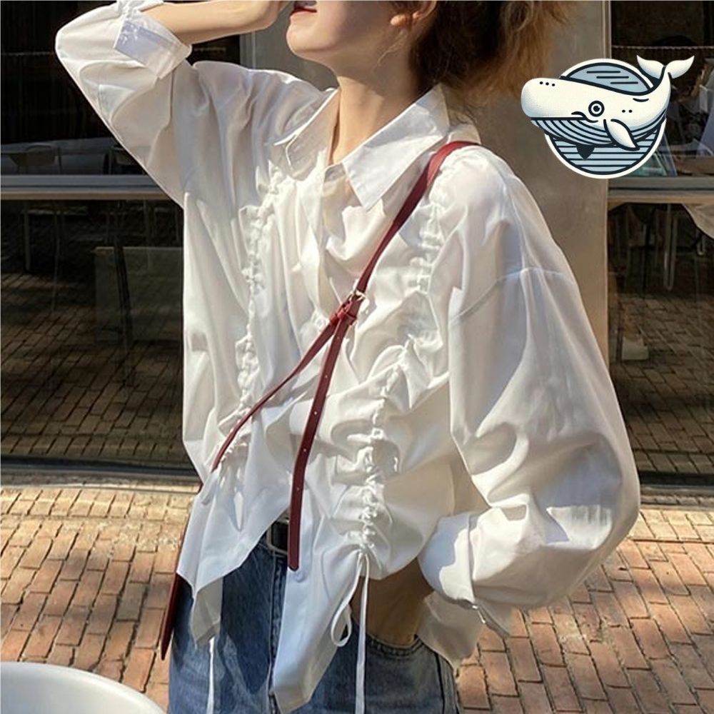 여성 화사한 흰색 카라넥 셔츠 데일리 스타일