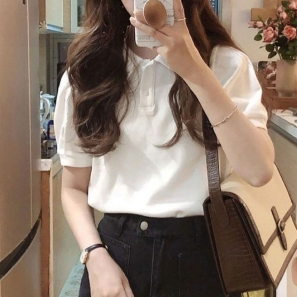 여자 깔끔한 디자인 부드러운 화이트 면 카라 반팔