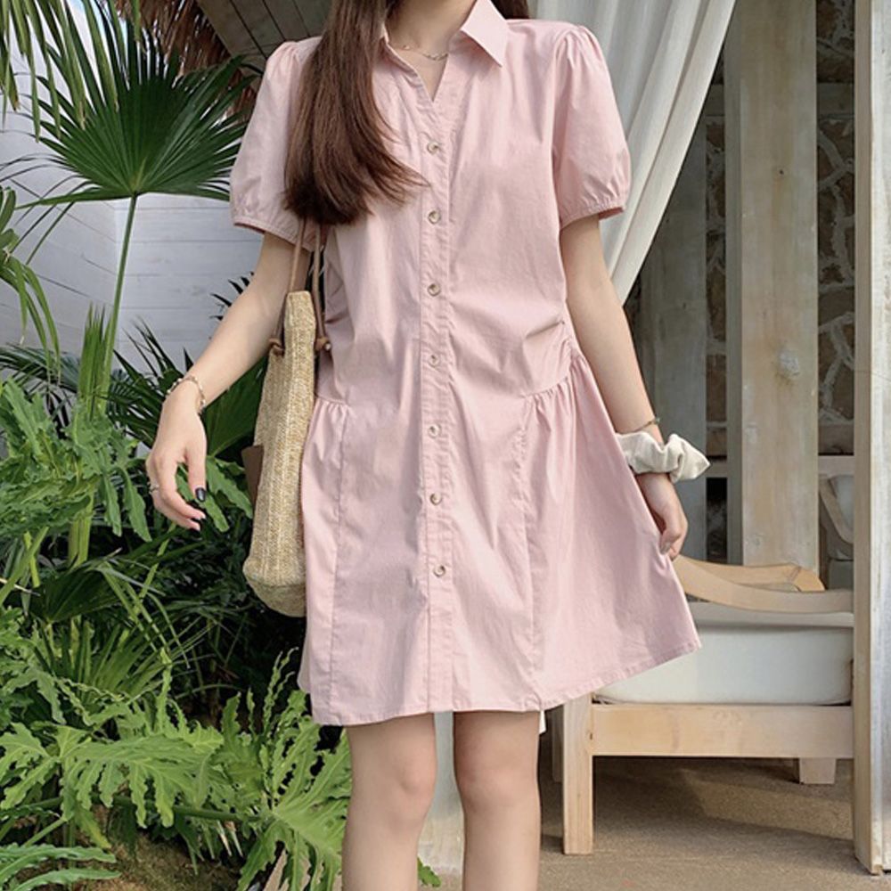루즈핏 셔링 미니 셔츠원피스 여름 러블리 캐주얼룩