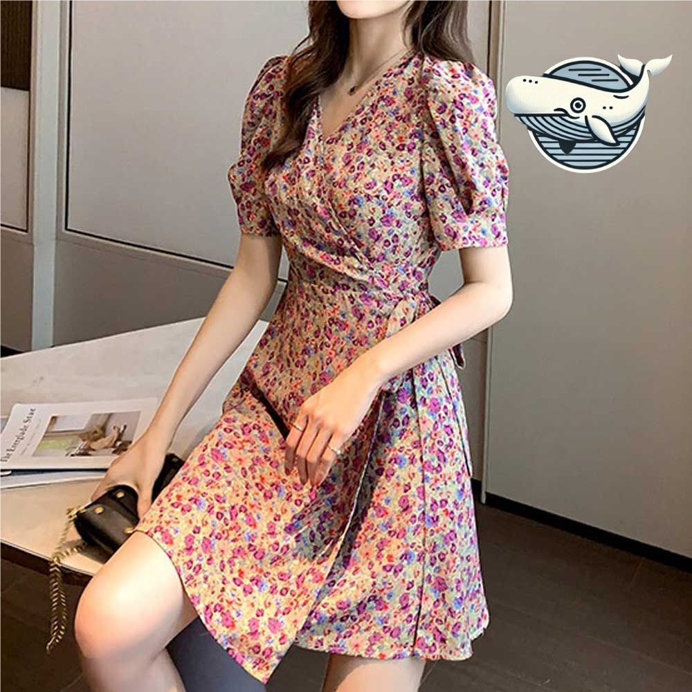 여성 플라워 랩원피스 퍼프소매 허리끈 A라인