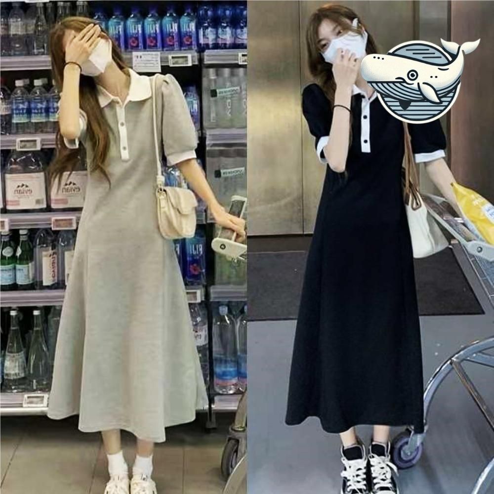 여성 카라배색 반팔 롱 원피스 편안한 데일리룩