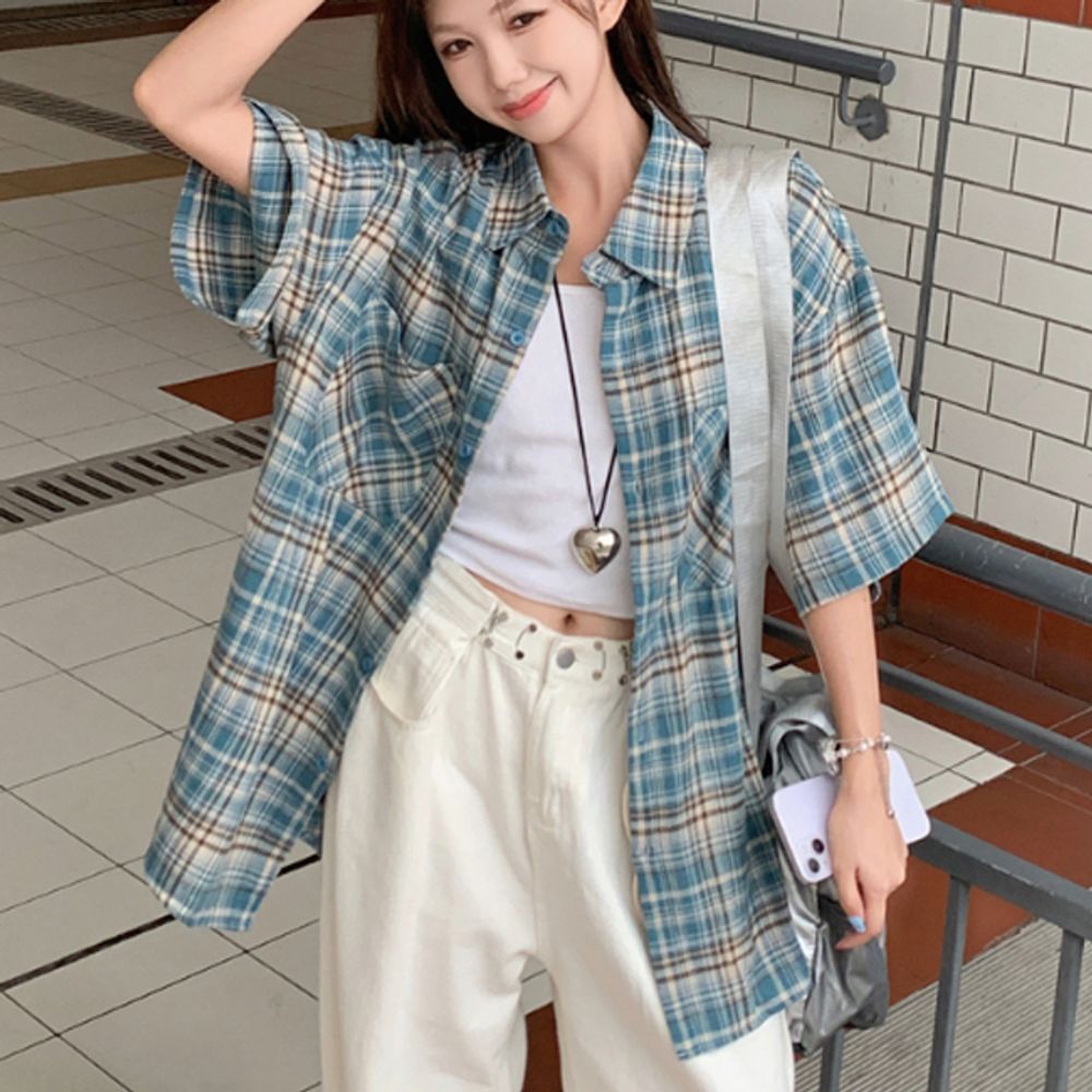 여성 박스핏 체크 반팔 셔츠 1P 데일리 여름 남방