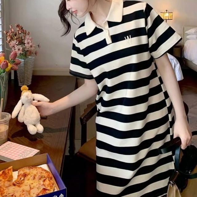 캐주얼 카라 스트라이프 기본 루즈핏 데이 원피스 MFN