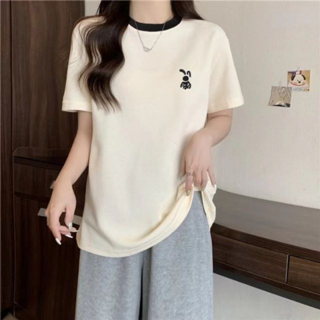 래빗 링거 자수 기본 라운드넥 데이 반팔 숏 슬리브