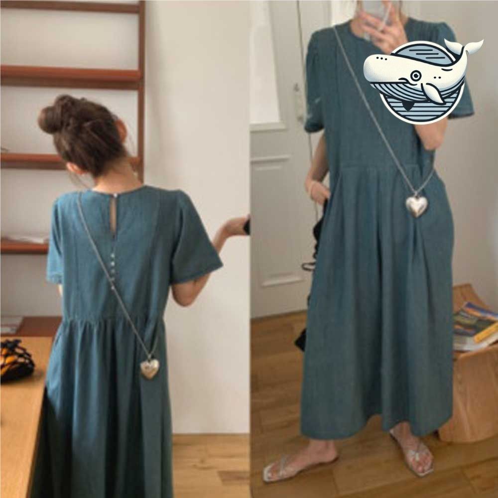 무드있는 데님 롱원피스 편안한 넓은소매 핀턱