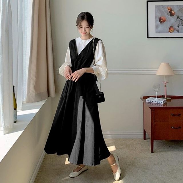 브이넥 리본 스트랩 롱기장 레이어드 원피스 3컬러