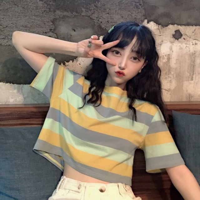 빅 스트라이프 빅사이즈 기본 박스 데이 크롭 반팔 티