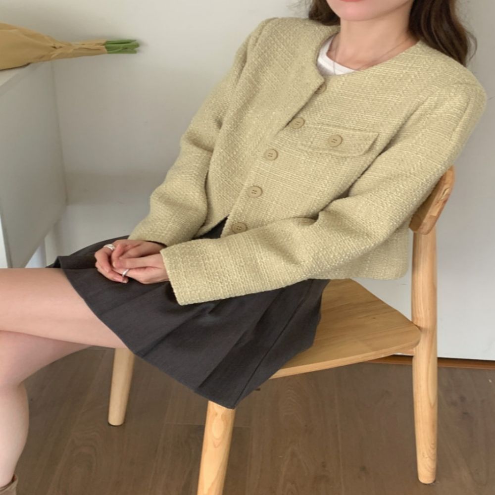 여성 3컬러 데이트룩 노카라 크롭 트위드자켓 하객룩