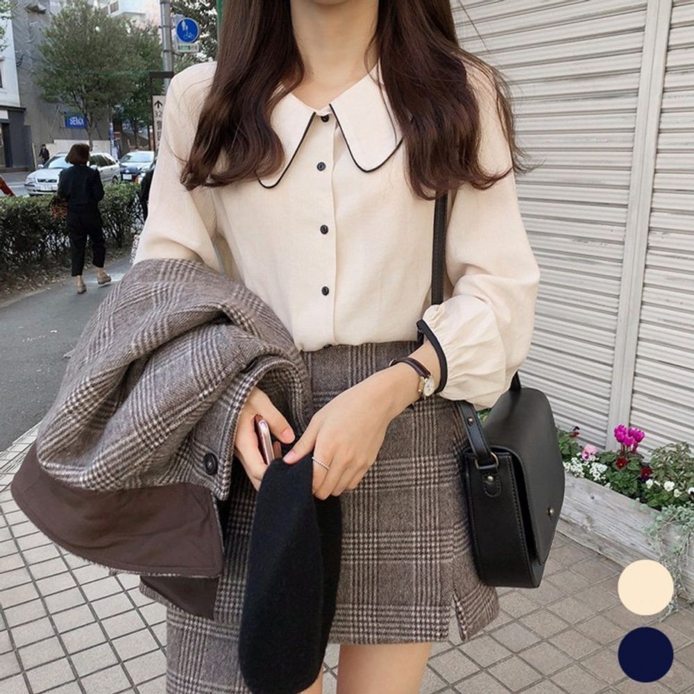 소매 ㄴ리본 셔링 브이넥 리본 라인 여성 셔