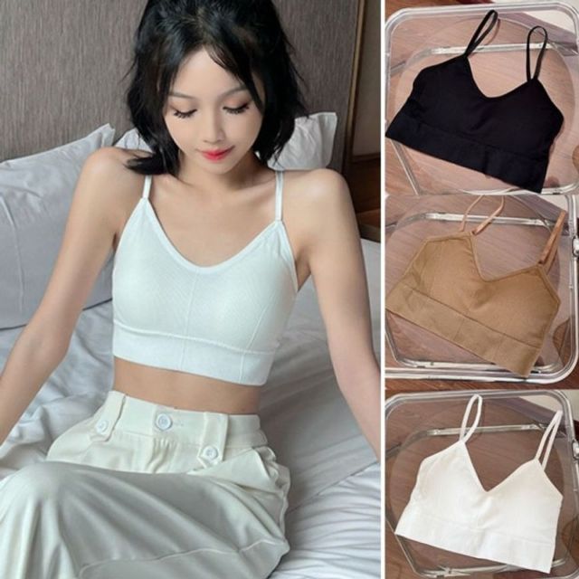 여성 짧은 크롭탑 기본 민소매 데이 캡 내장 나시 끈