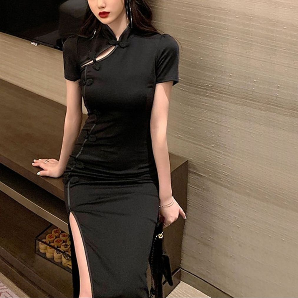 반팔 슬림핏원피스 블랙 홀복원피스 치파오 반팔