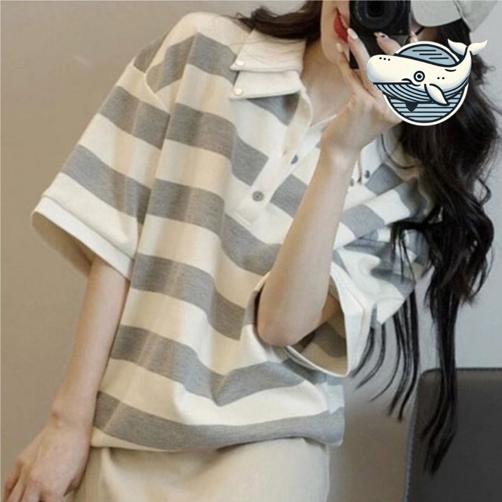 여성 여름 반팔 셔츠 스트라이프 캐주얼 카라